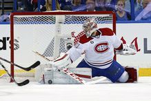 Carey Price of the Montreal Canadiens makes a save against the Tampa Bay Lightning in Game Three of the Eastern Conference Semifinals during the 2015 NHL Stanley Cup Playoffs.