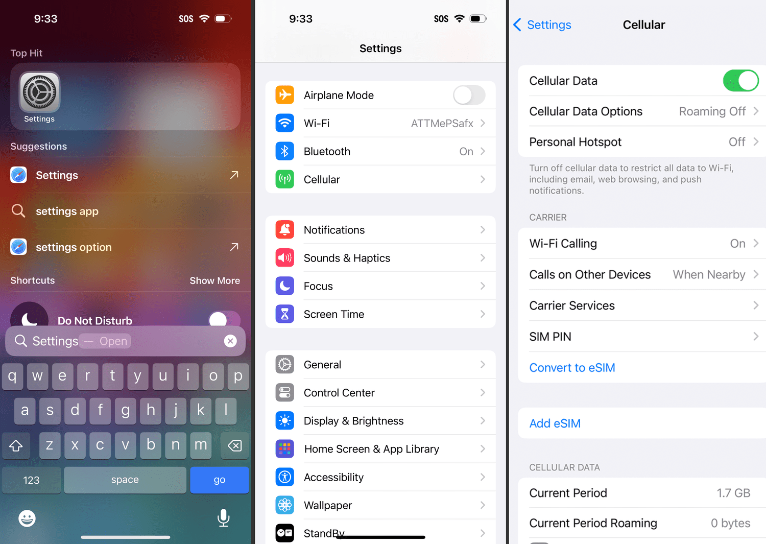 The Settings and Cellular screens on an iPhone