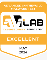 O AVLab concedeu ao Malwarebytes uma classificação Excelente em maio de 2024. Distintivo de premiação amarelo, branco e preto.