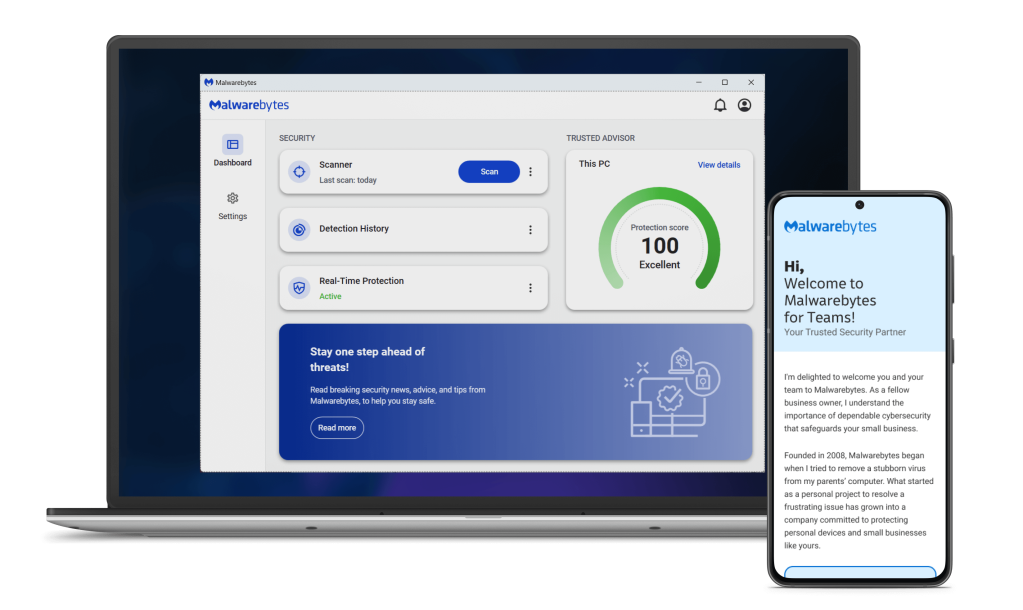 Imagem de laptop genérico com o painel do produto Malwarebytes Teams  mostrado na tela. À direita do laptop, há um smartphone genérico que mostra um e-mail dando as boas-vindas ao usuário às equipes