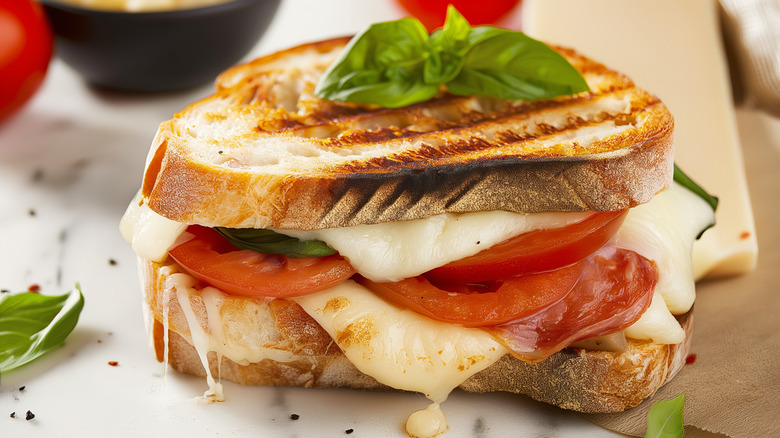 Cheesy tomato sandwich on counter