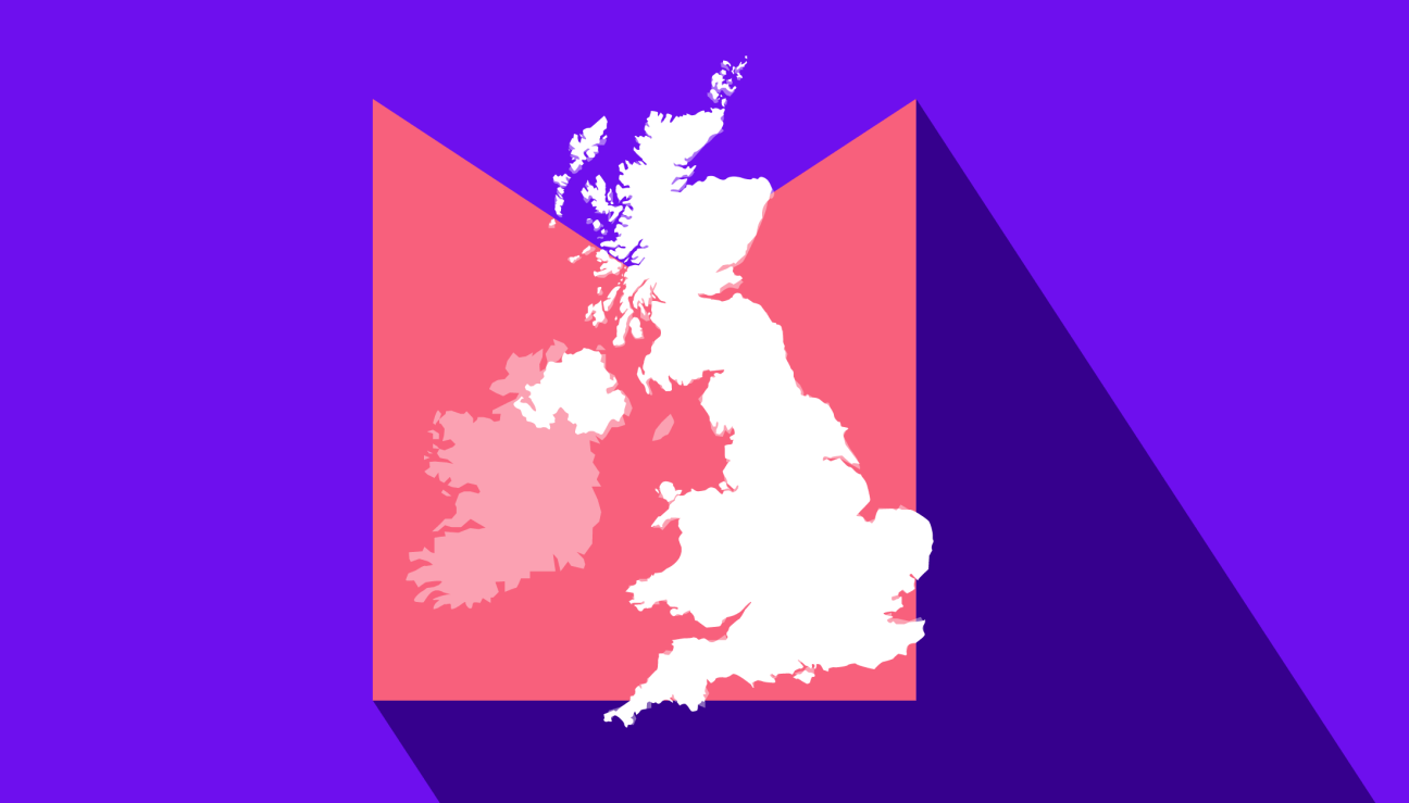 Map of the UK on a coral background