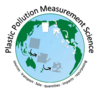 Graphic of a globe where the land is light green and the water is light blue. In the Atlantic Ocean portion, there is a graphic overlay representing the breakdown of megaplastics to nanoplastics. Black text wraps around the globe. “Plastic Pollution Measurement Science” around the top, and “sources, transport, fate, quantities, impacts, repurposing” around the bottom