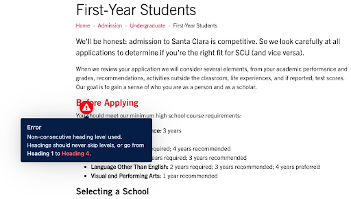 screenshot of an example of a heading issue error