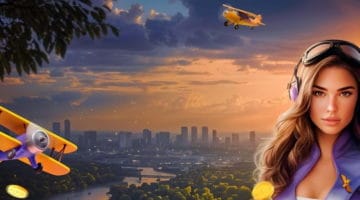 A picturesque urban skyline at dusk with a large river flowing into the city. A lady with aviator's goggles on top of her head, two yellow planes, and a couple of golden coins are seen in the foreground.