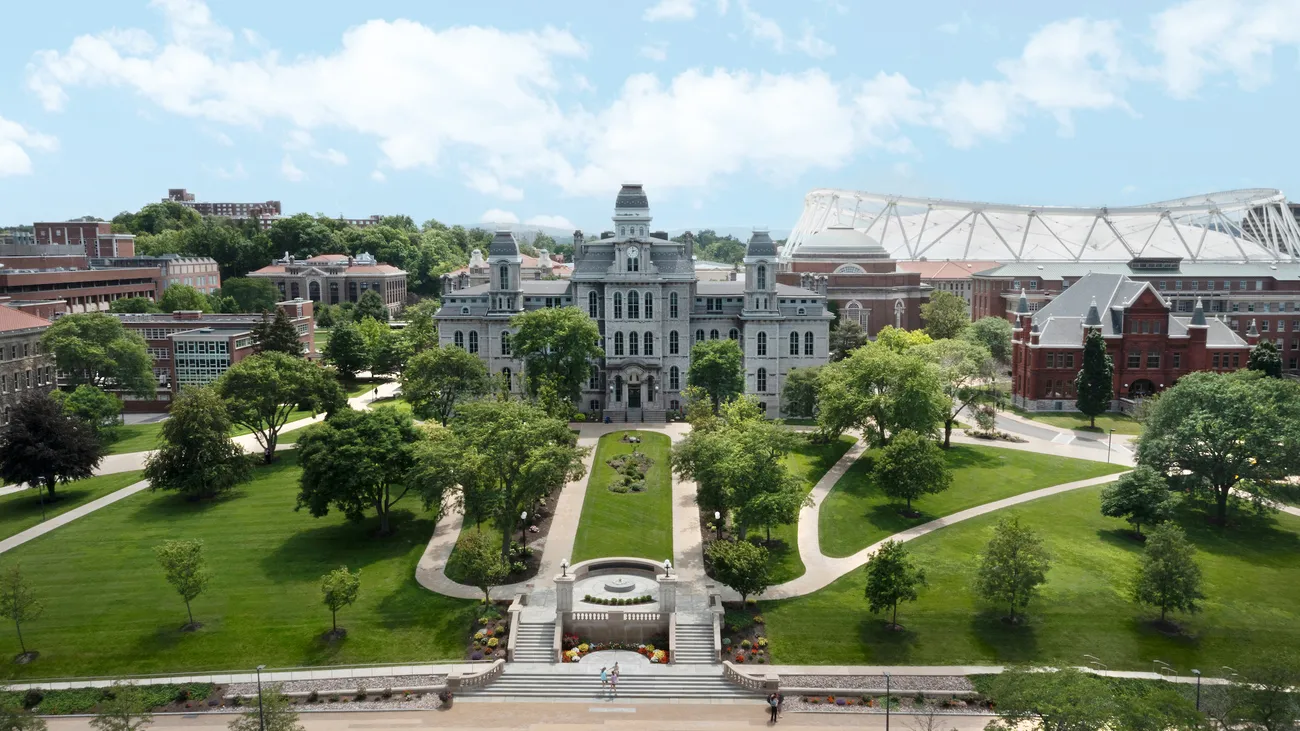 Overhead photo of campus features the Hall of Languages.