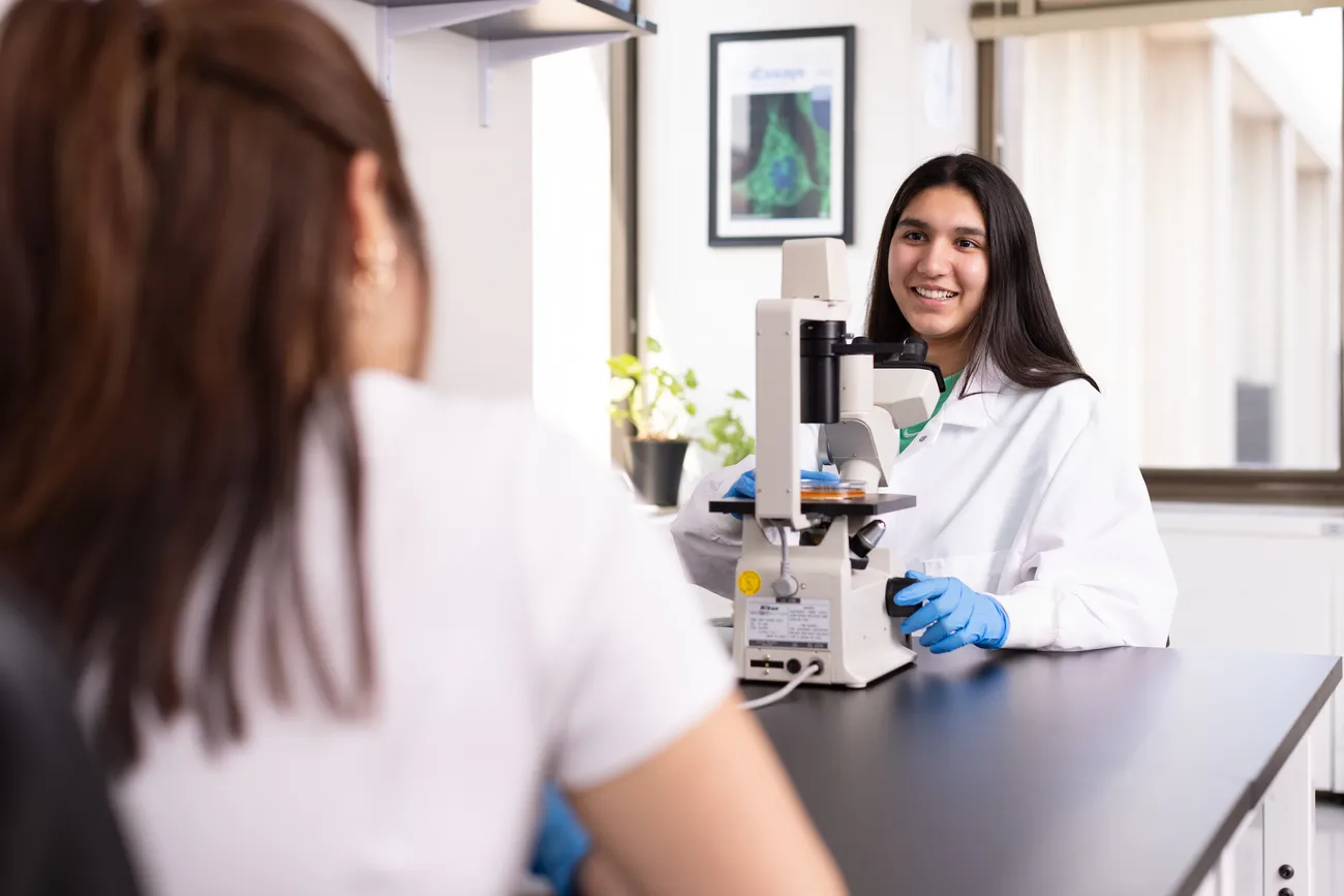 Research student working in laboratory.