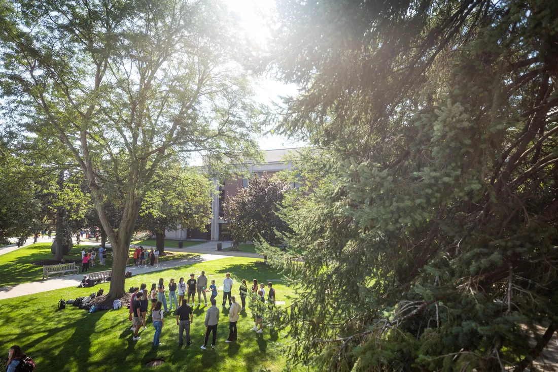 People standing in the grass on campus.