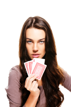 woman holding playing cards, poker face, card game strategy, confident gambler, Casino Girl PNG