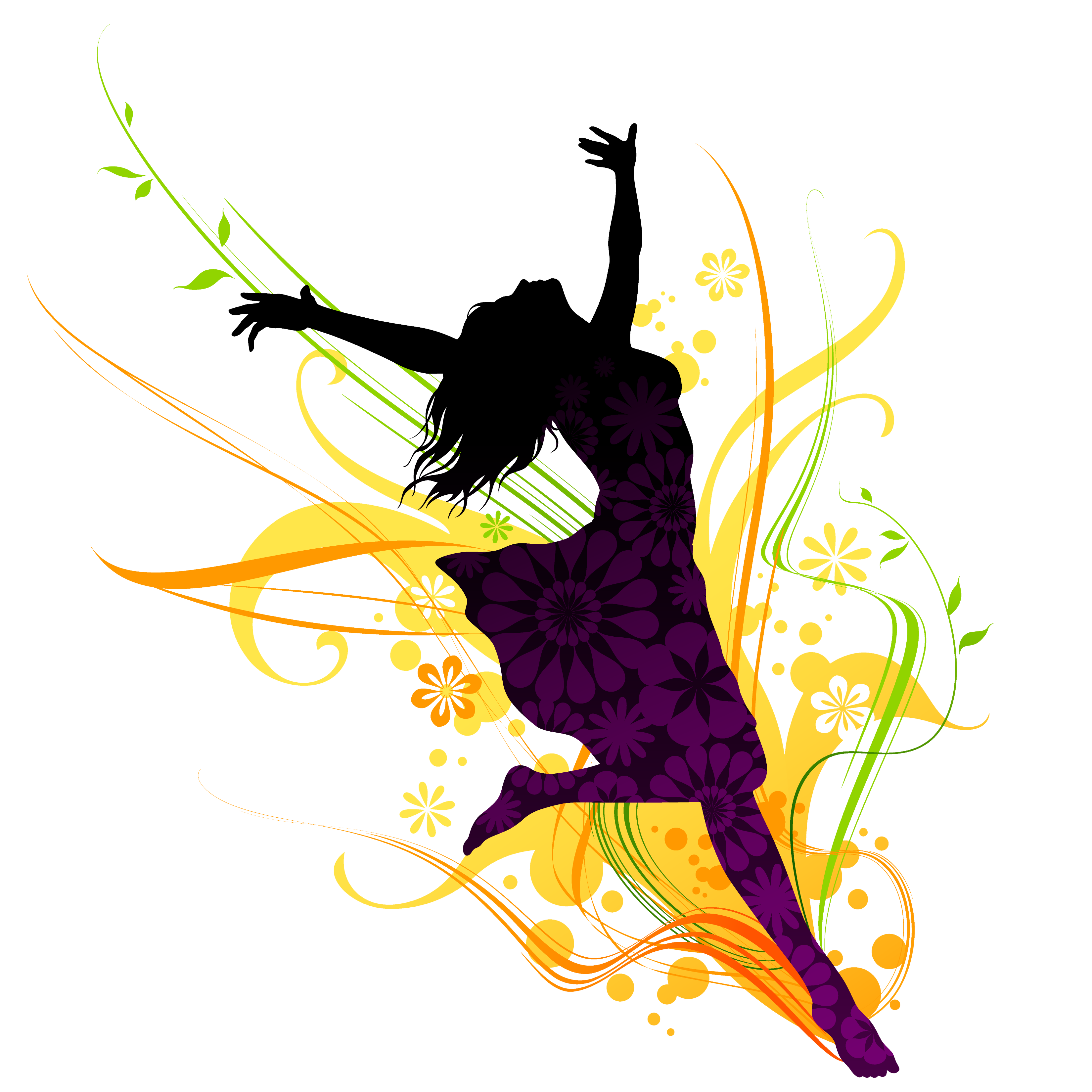 dance silhouette, floral design, vibrant colors, energetic movement, Dance PNG