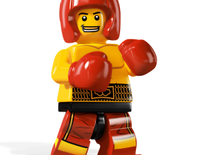 Lego boxer figure, toy boxing character, collectible sports minifigure, playful martial arts model, Lego PNG