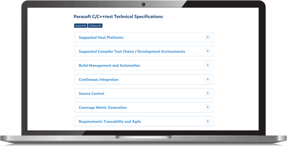 Screenshot of Parasoft C/C++test Technical Specifications list of categories encased in a monitor.