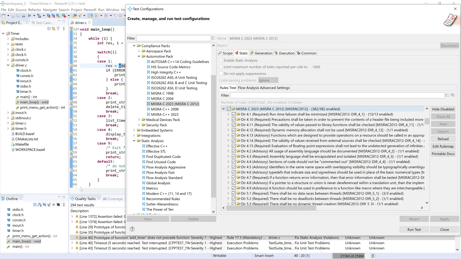 Screenshot of Parasoft C/C++test Test Configurations where you apply source code analysis techniques to verify code quality with industry standards.