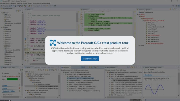 Screenshot of main menu of Parasoft C/C++test product tour.