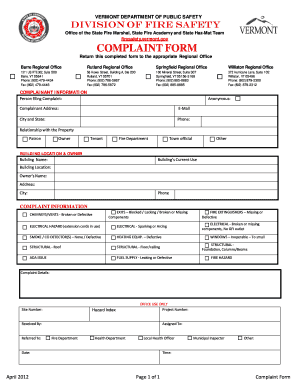 Complaint sheet example - vermont fire form