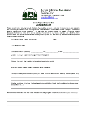 Generic complaint form template - Devens Enterprise Commission Complaint Form