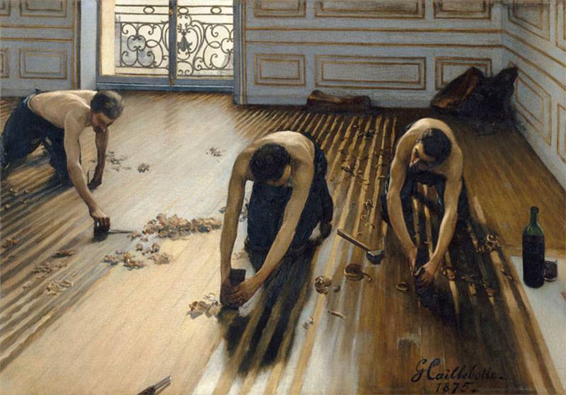 A realistic painting of several young men, shirtless, planing a wood-planked floor smooth. It looks like difficult work!