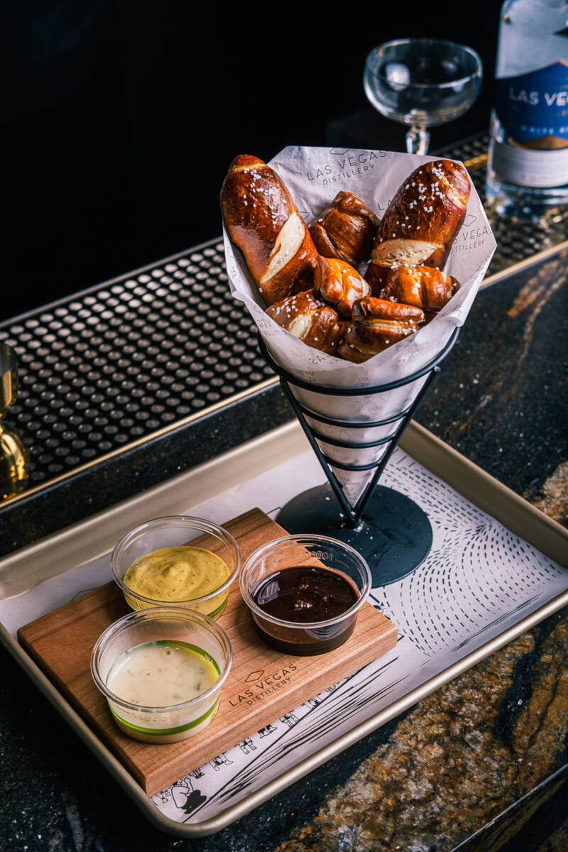 A soft pretzel basket from Las Vegas Distillery in Henderson. The distillery reopened in June 2 ...