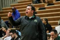 Green Valley basketball coach Eric Johnston reacts during a game against Beverly Hills at Green ...
