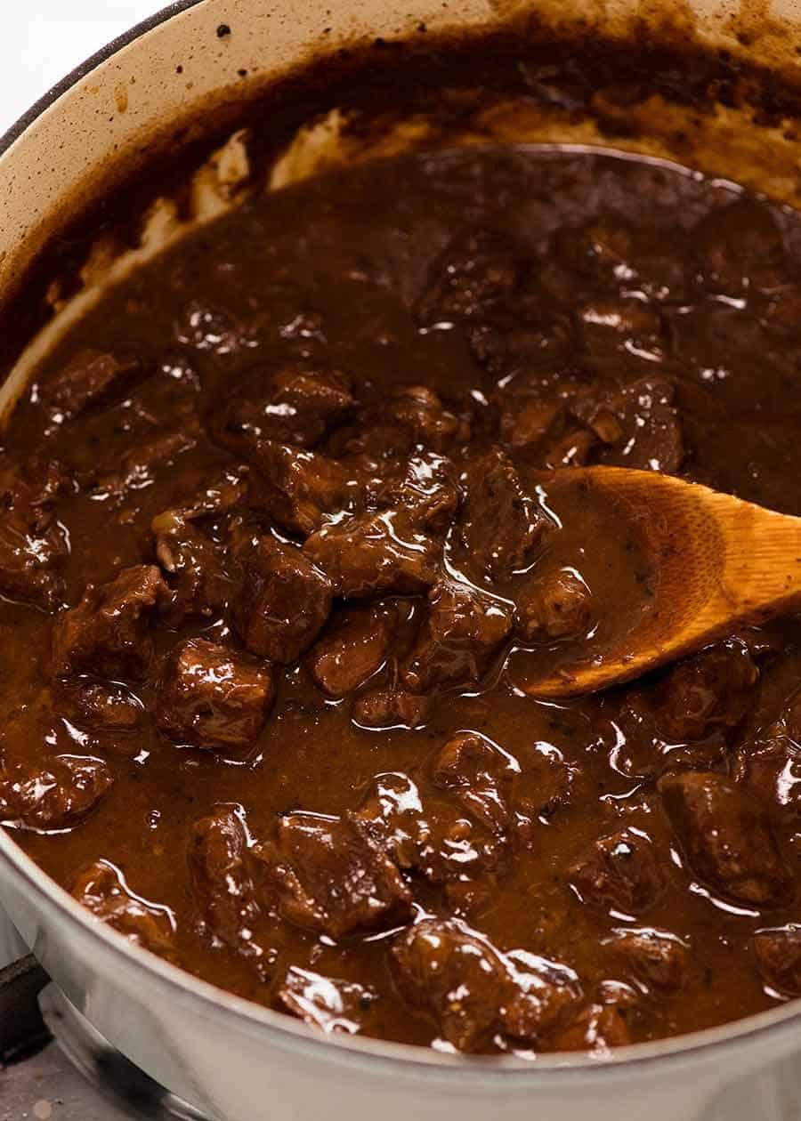 Australian Meat Pie Filling in a cast iron pot