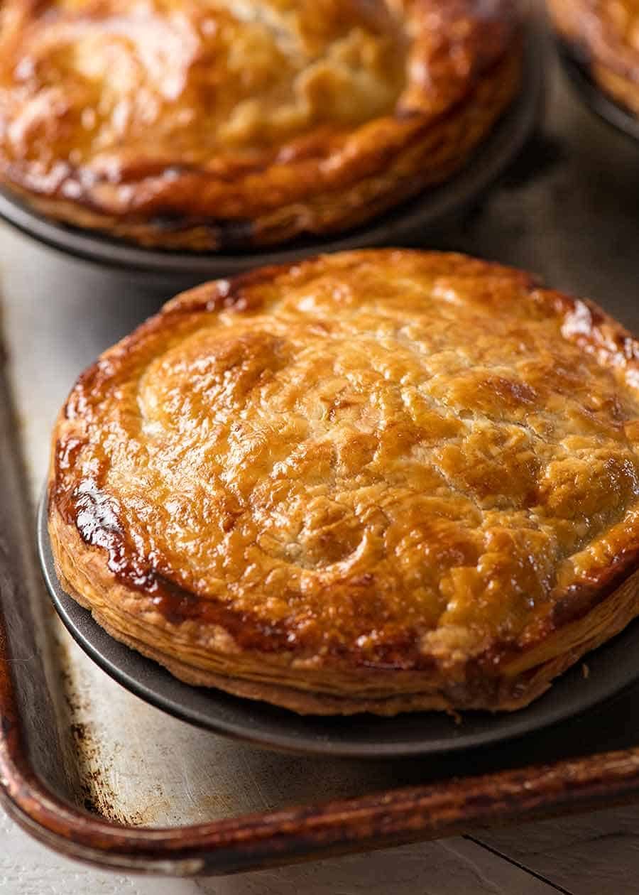 Meat Pie on silver tray, fresh out of the oven