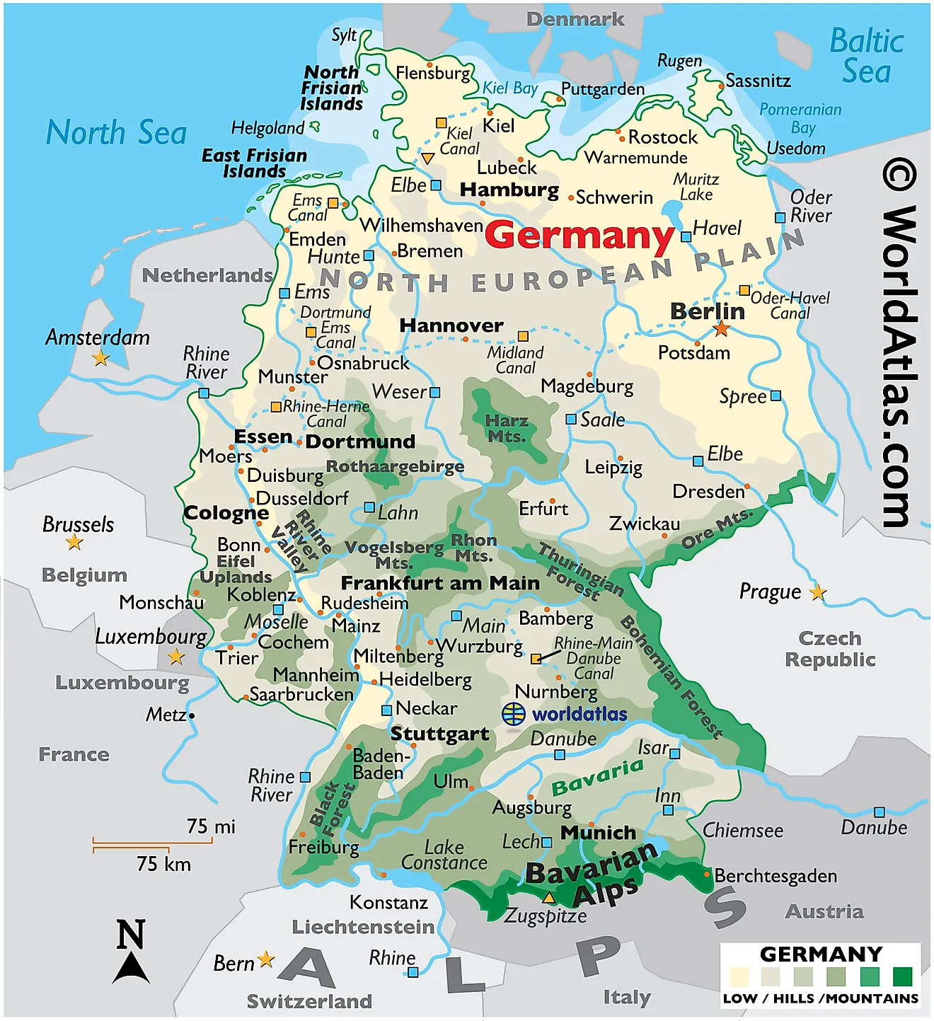 Physical Map of the Germany showing terrain, mountain ranges, extreme points, major rivers, important cities, international boundaries, etc.