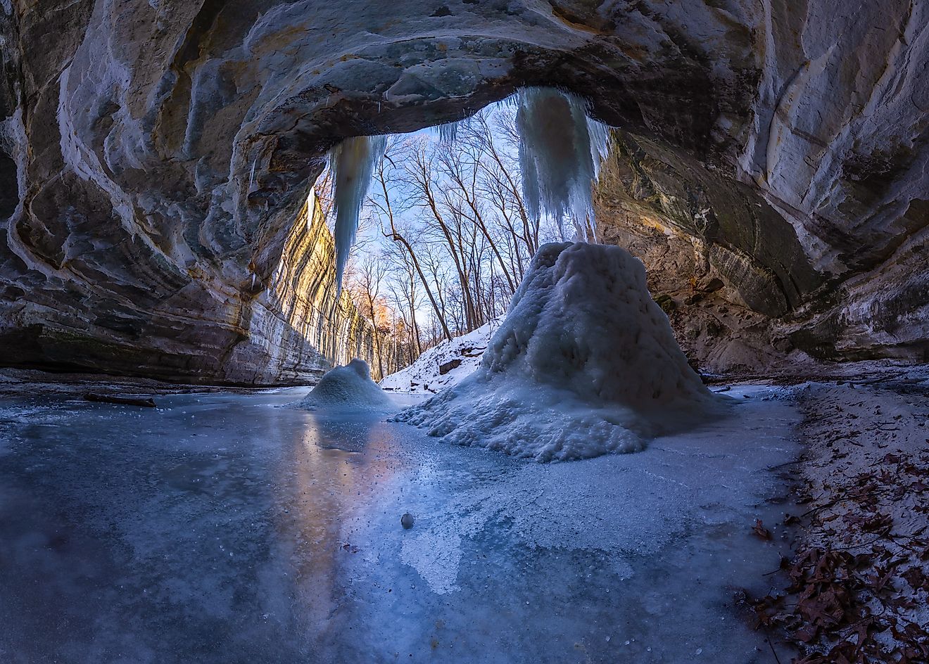 Panoramic view from behind the frozen waterfalls in Ottawa Canyon, Starved Rock State Park, Illinois