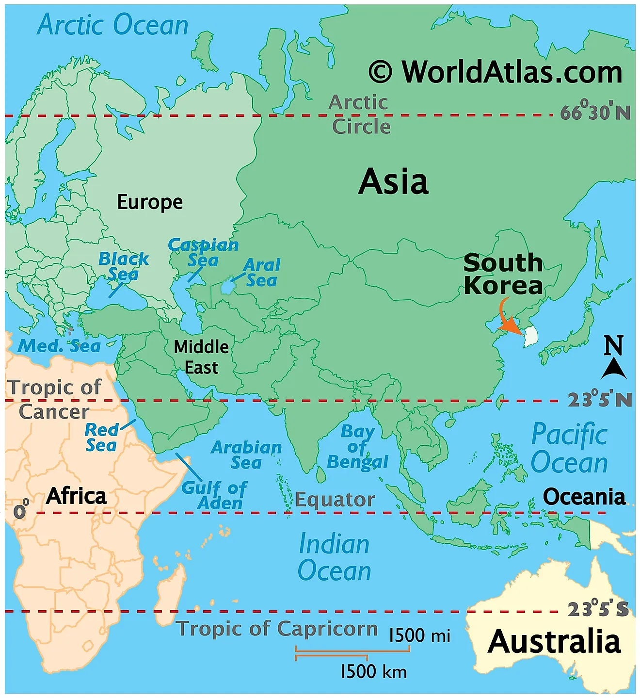 Mapa que muestra la ubicación de Corea del Sur en el mundo.