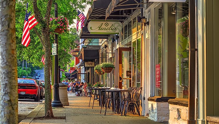 Business district of historic downtown Chagrin Falls, Ohio, USA.