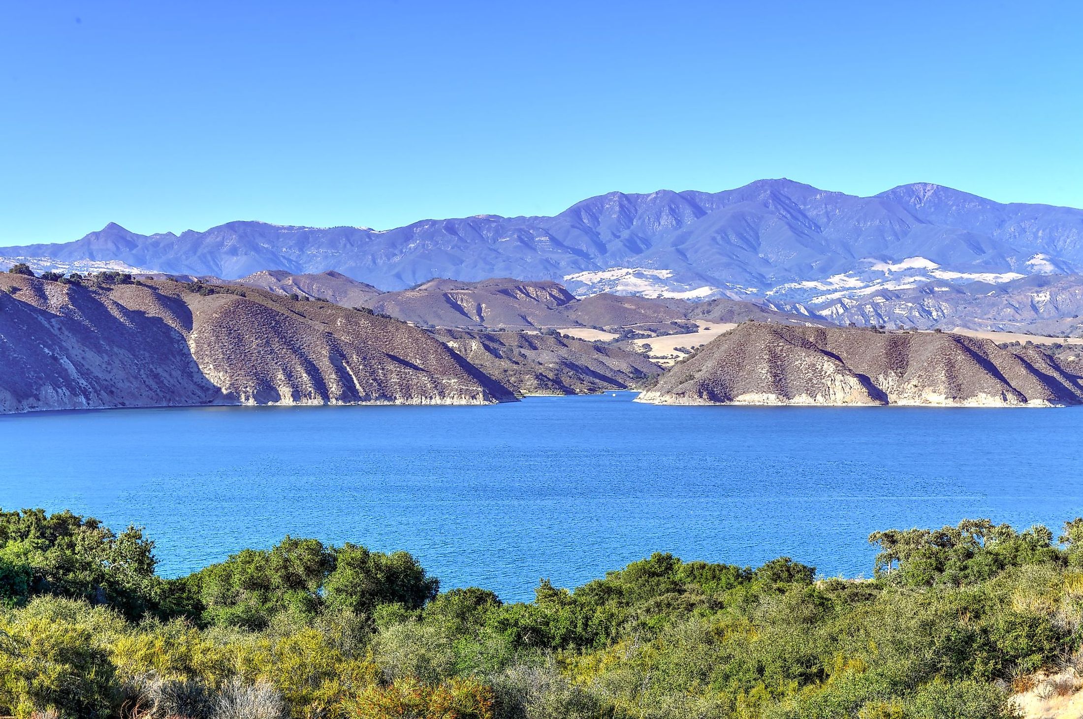 Cachuma Lake against mountains near Santa Barbara in California. 