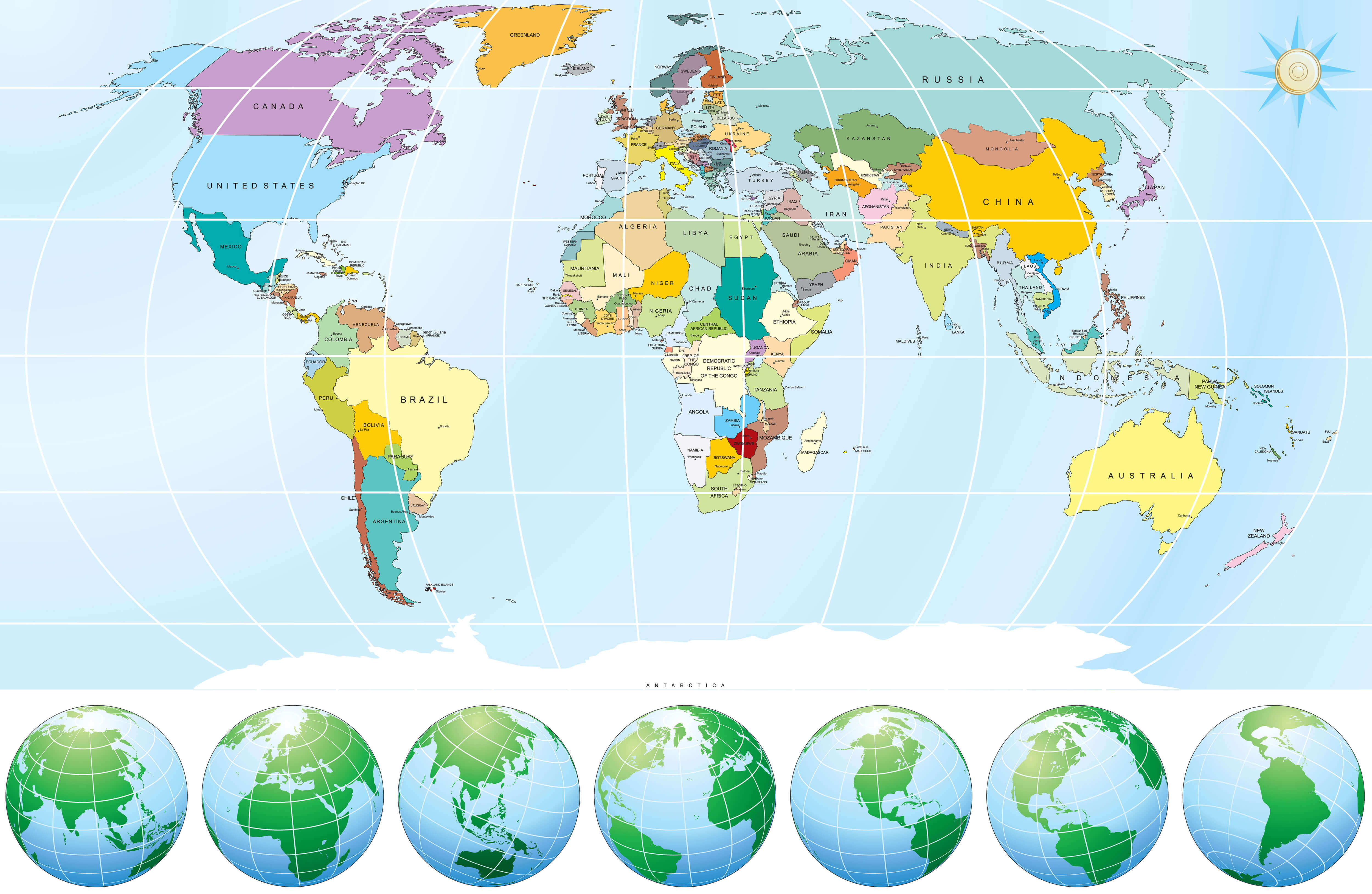 Asia World Map with Globes