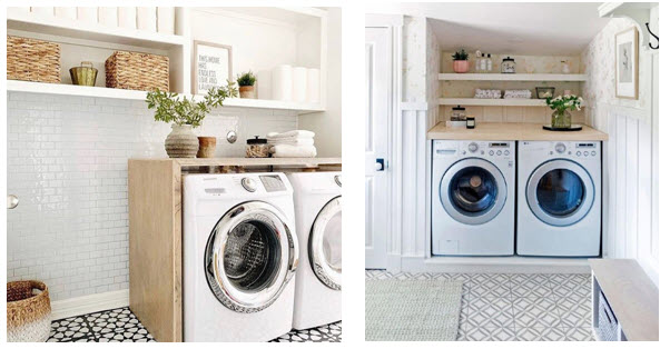 White Laundry Room with Wallpaper on Ceiling  Transitional  Laundry Room