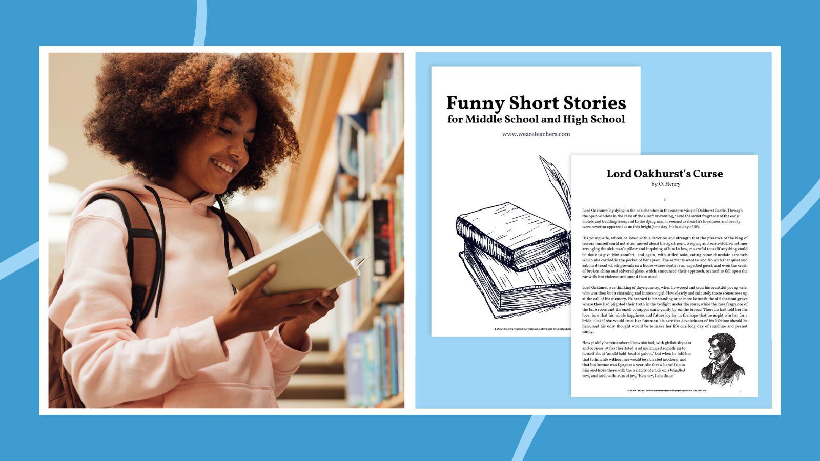 Image of a young Black girl reading and pages from the Best Funny Short Stories printable