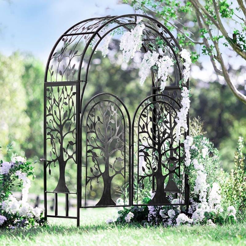 Metal Tree of Life Arched Garden Arbor with Gate