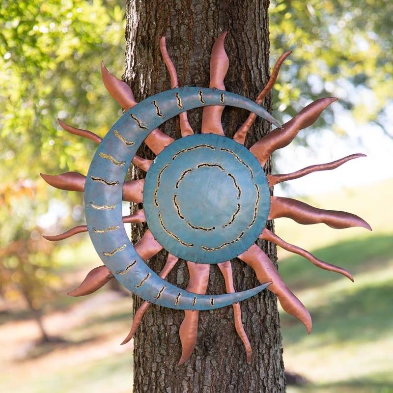 Handcrafted Blue and Copper-Colored Recycled Metal Moon and Sun Wall Art