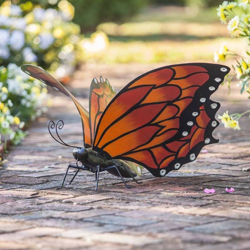 Hand-Painted Orange Metal Monarch Butterfly Outdoor Sculpture