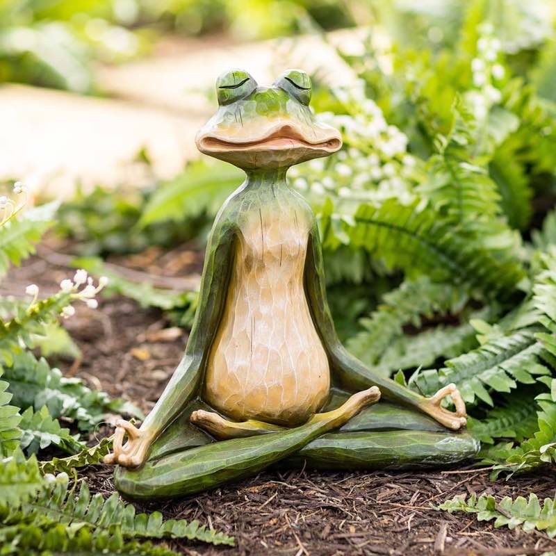 Zen Yoga Frog Statue with Carved Wood Look