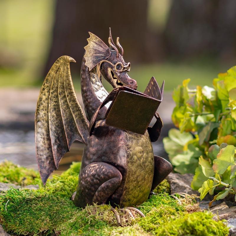 Small Metal Reading Dragon Sculpture