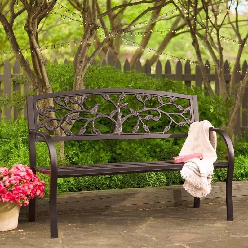 Antiqued Copper-Colored Metal Bench with Tree of Life Motif Backrest