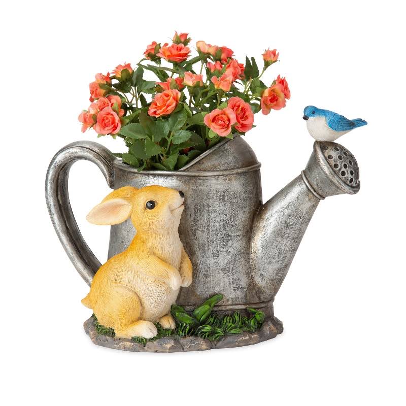 Resin Watering Can Planter with Visiting Bunny and Bluebird