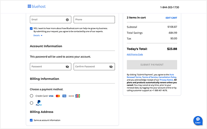 Bluehost checkout, payment, and purchase