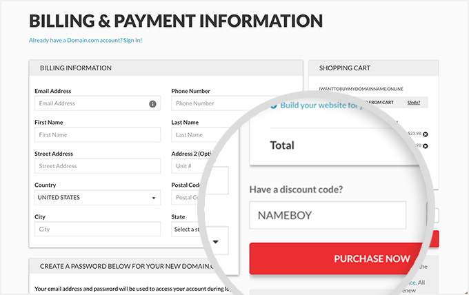 The Domain.com billing and payment page where you add the coupon code