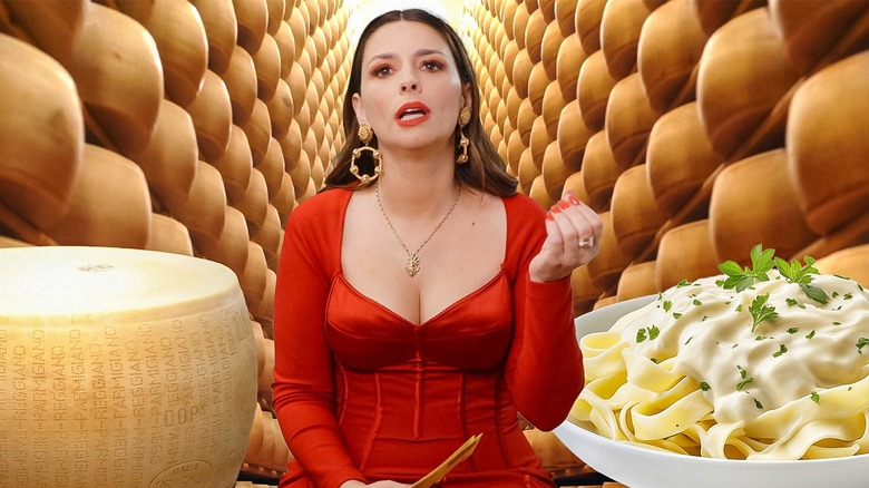 Nadia munno surrounded by Parmigiano Reggiano