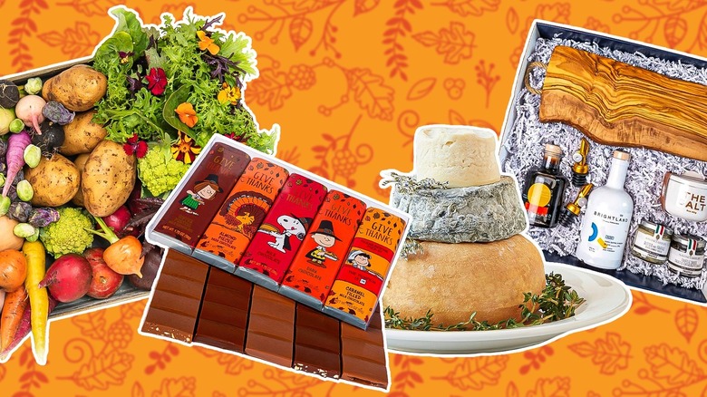 Vegetables, chocolate bars, cheese tower, and gourmet cooking kit on a Thanksgiving-themed background