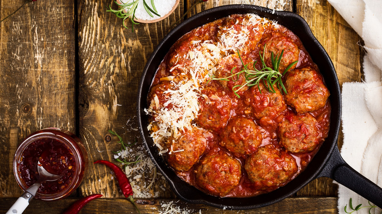 meatballs in a cast iron skillet