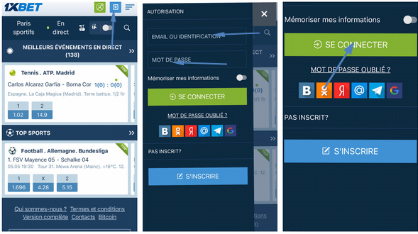 Processus de connexion sur 1xBet