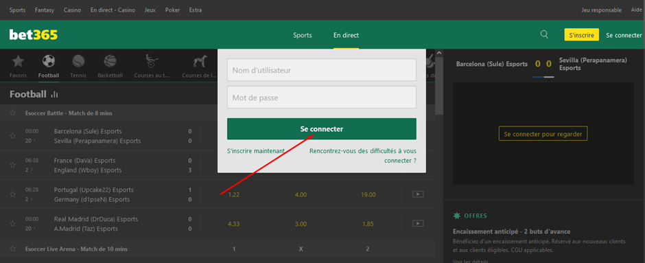 Image de la dernière étape pour la connexion sur Bet365