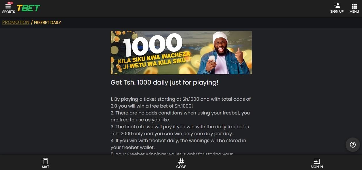 T bet TZ Free bet bonus