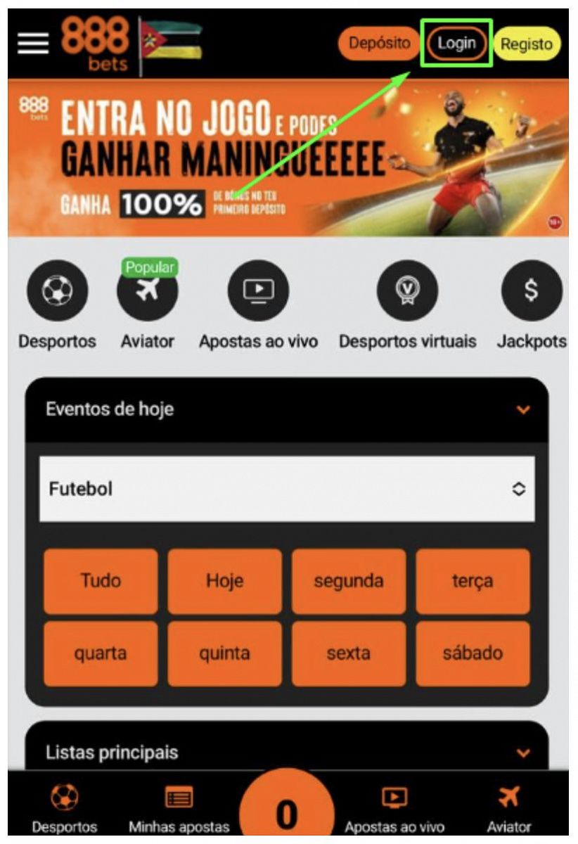 Faça login na página inicial do site da 888Bets Moçambique