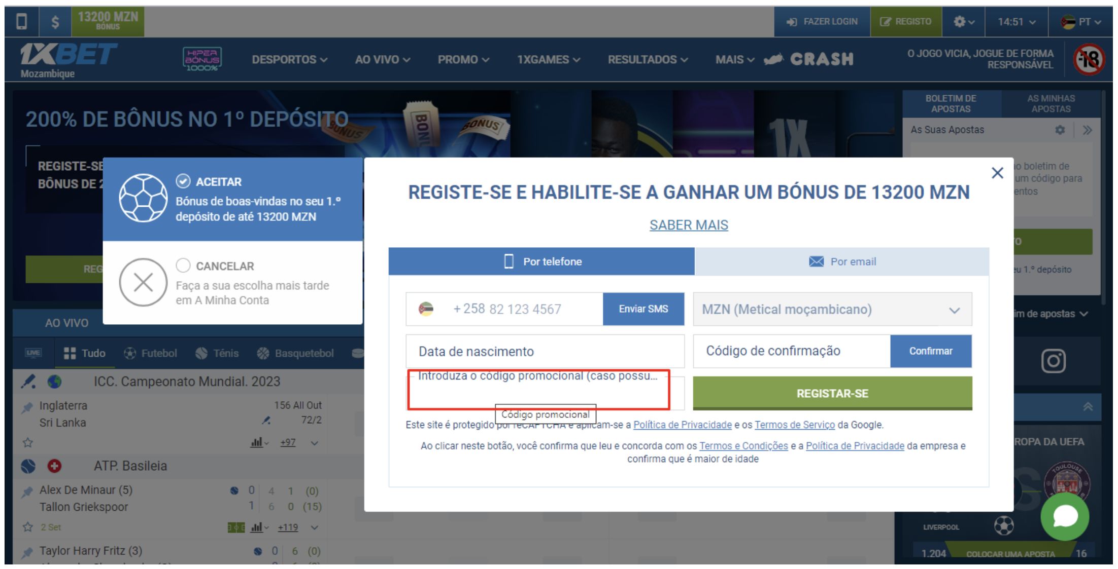 Registo no site da 1xBet Moçambique